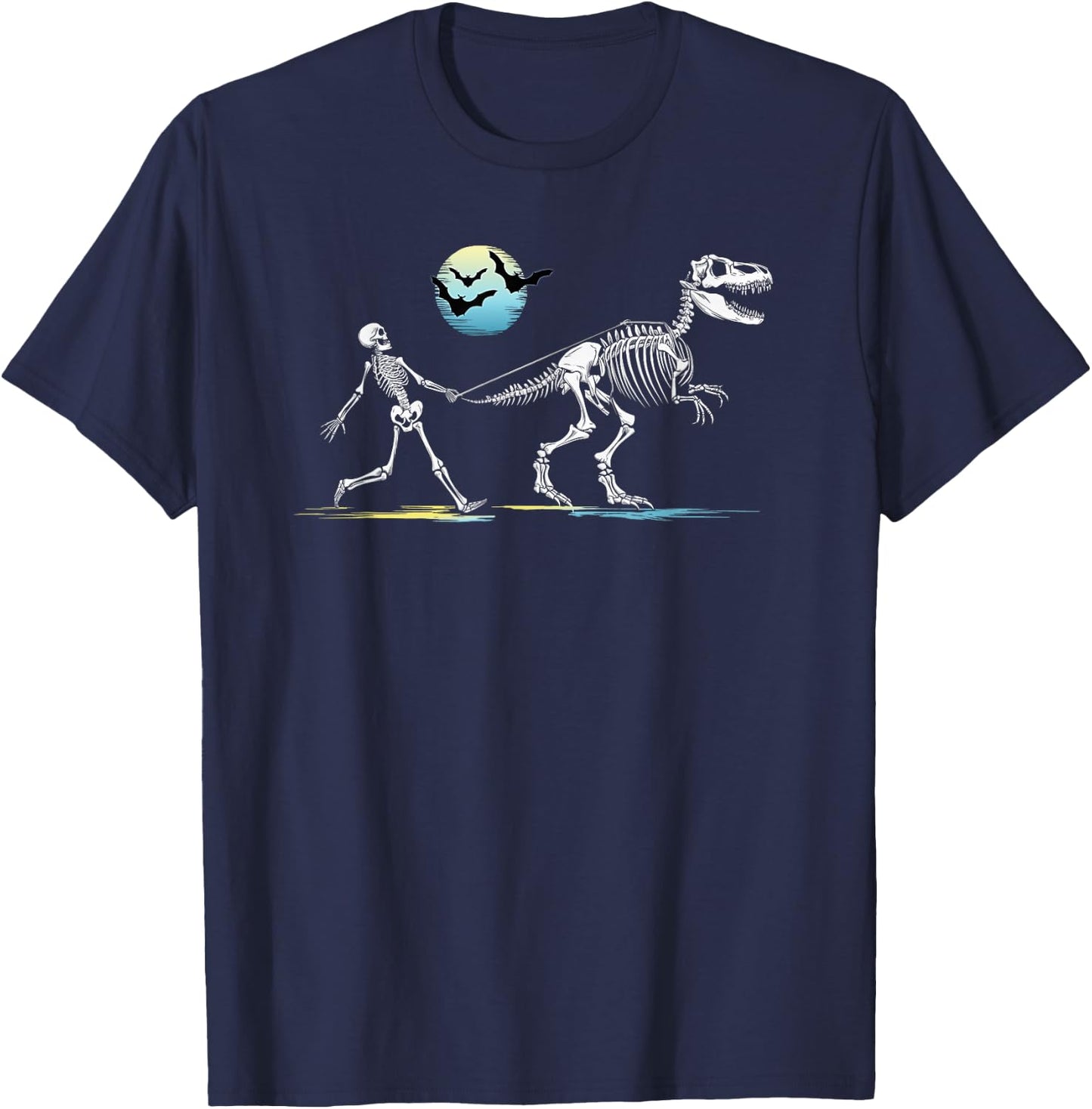 Skeleton Walking a T-Rex Dinosaur Boys Girls Funny Halloween T-Shirt - T-Shirt | Navy
