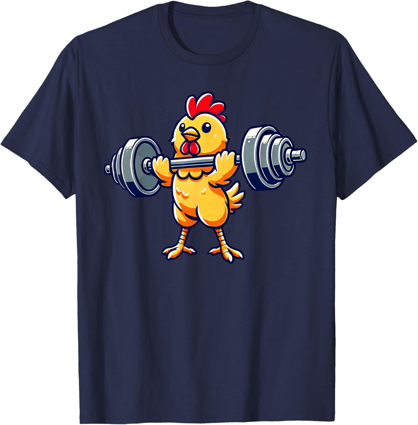 Chicken Powerlifting Gym Workout - Black, -Adults/Kids, Short Sleeve, Cotton 65% Polyester 35%, Humorous Chicken Design T-Shirt - T-Shirt | Navy