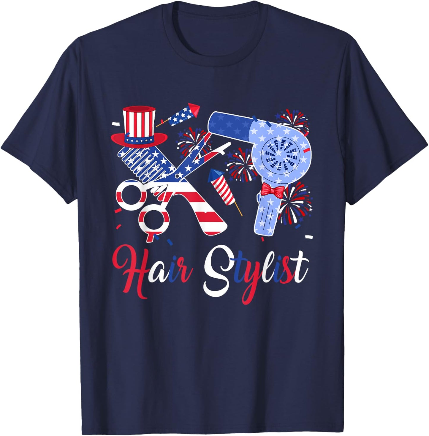 Hair Stylist Costume Tools As American Flag 4th July Women Men T-Shirt - T-Shirt | Navy