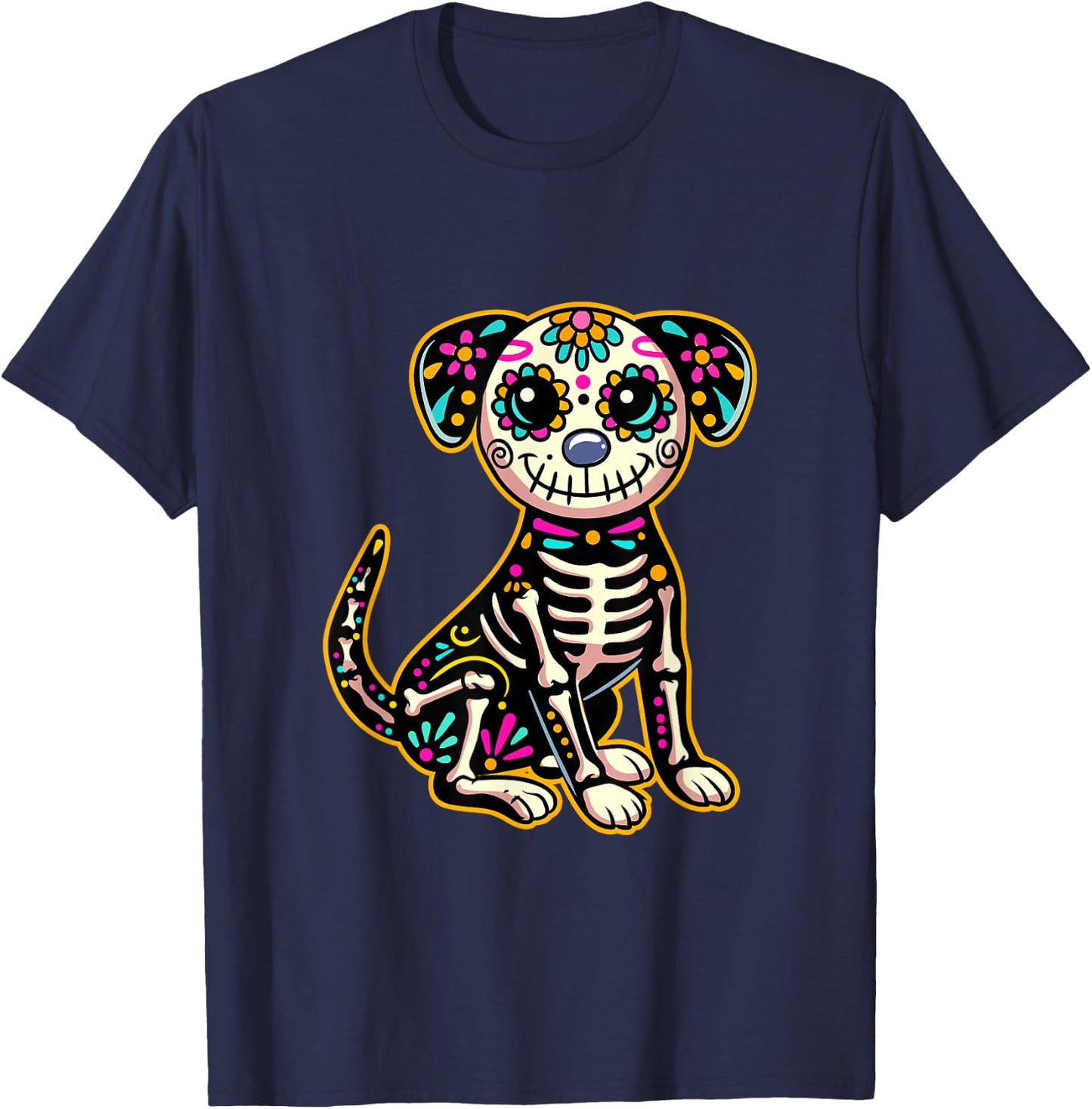 Dia de Los Muertos Skeleton Sugar Skull Dog Day of The Dead T-Shirt - T-Shirt | Navy
