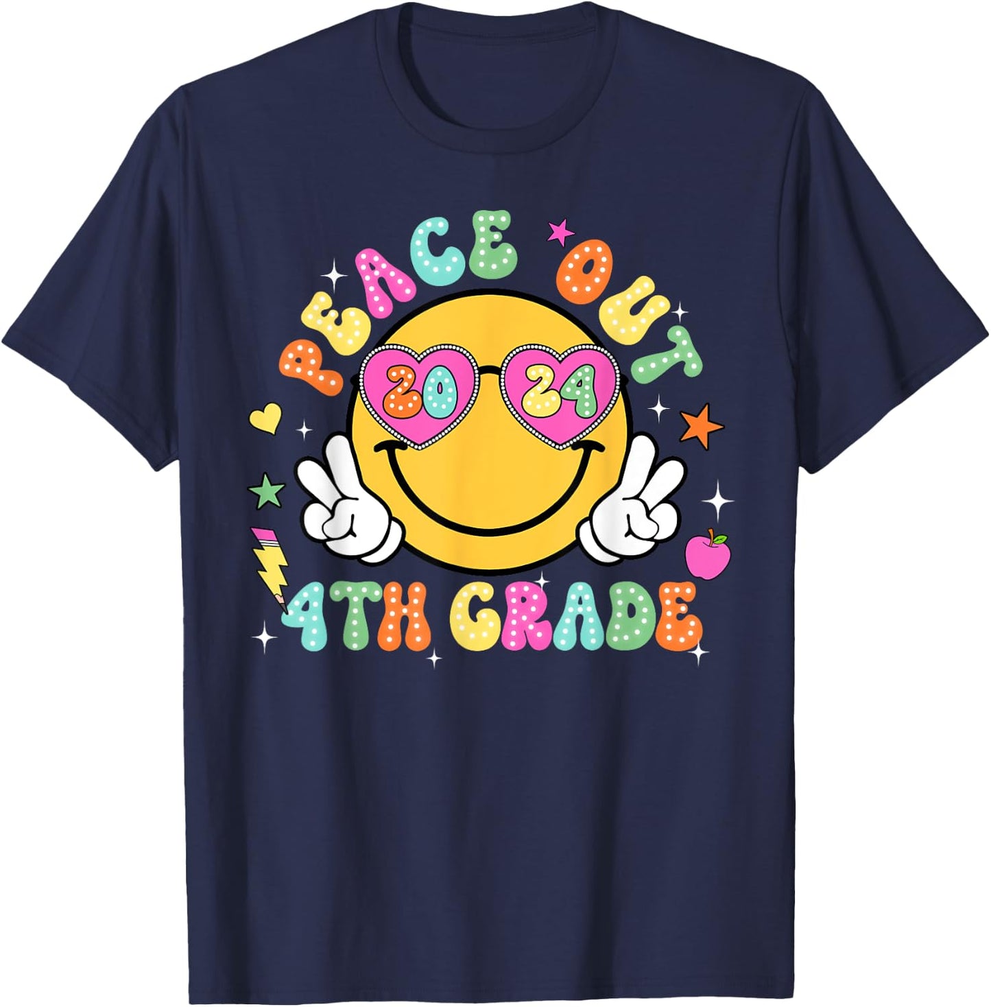Peace Out Fourth Grade Cute Groovy Last Day of 4th Grade T-Shirt - T-Shirt | Navy