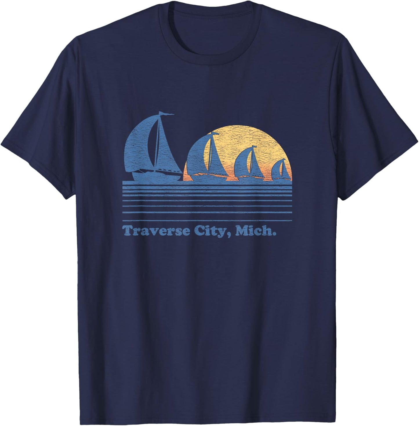 Traverse City MI Sailboat Vintage 80s Sunset T-Shirt - T-Shirt | Navy