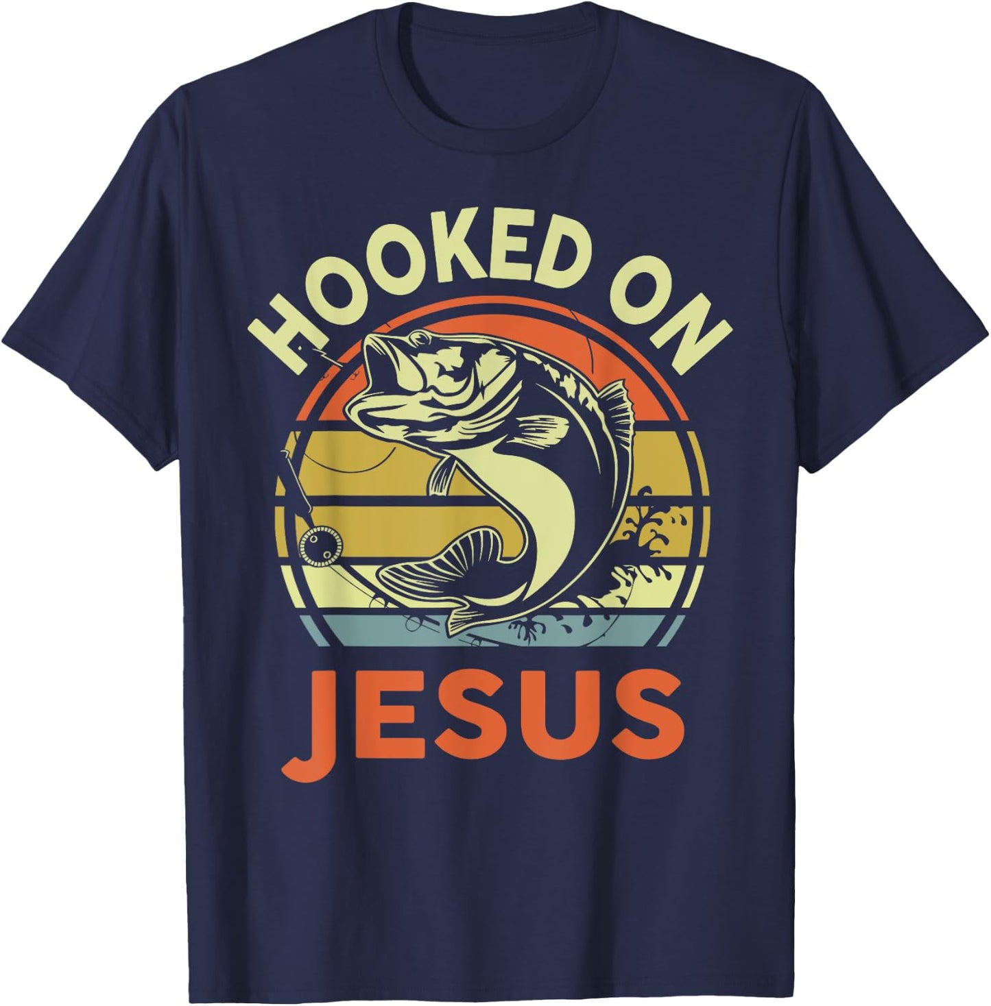 Hooked on Jesus Christian Funny I You Love Bass Fishing T-Shirt - T-Shirt | Navy