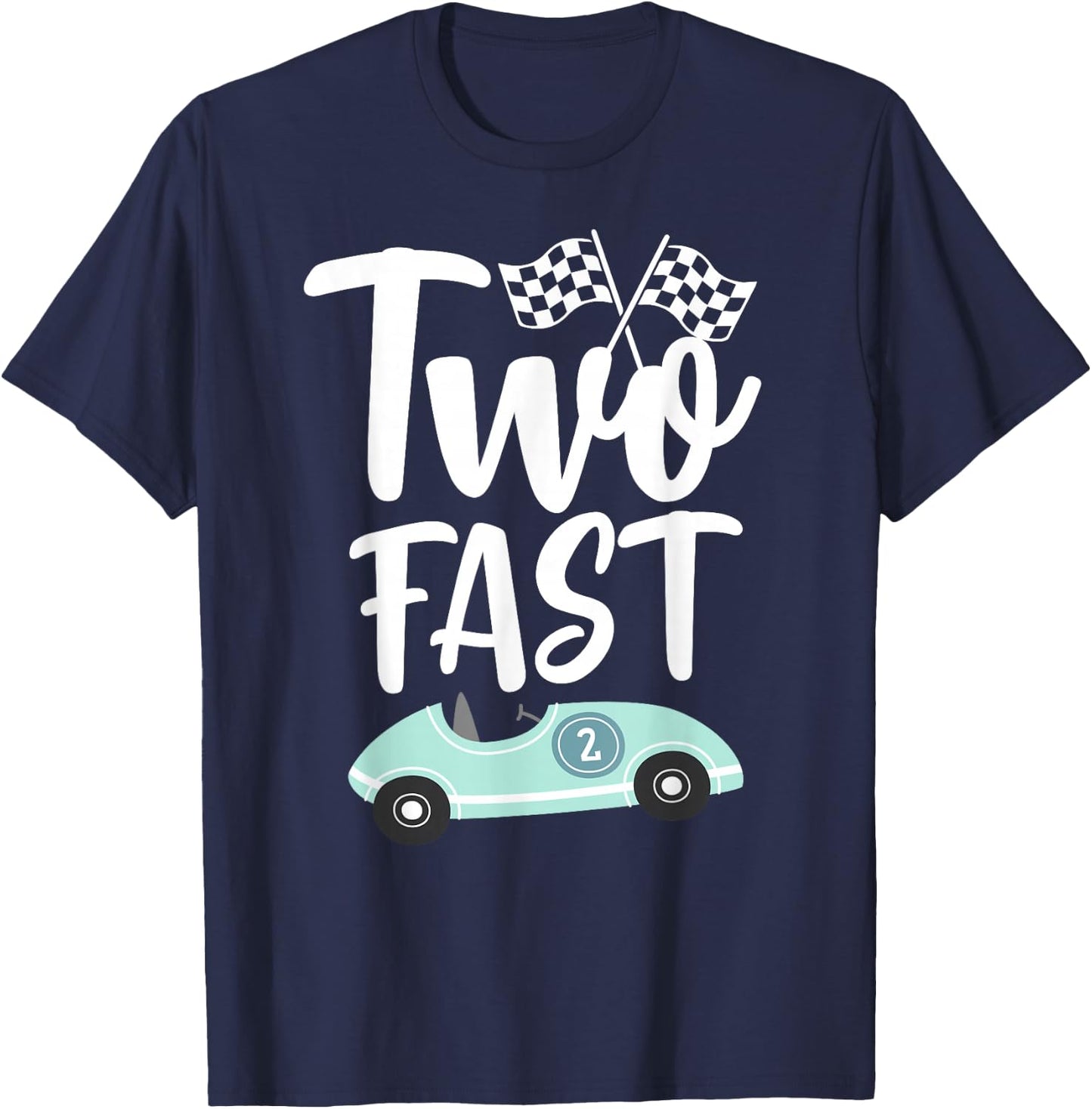 Two Fast 2 Curious 2th Birthday Boy Checkered Retro Funny T-Shirt - T-Shirt | Navy