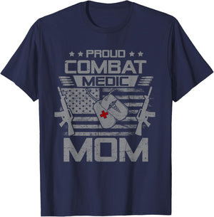 Proud Combat Medic Mom Flag USA Family Matching T-Shirt - T-Shirt | Navy