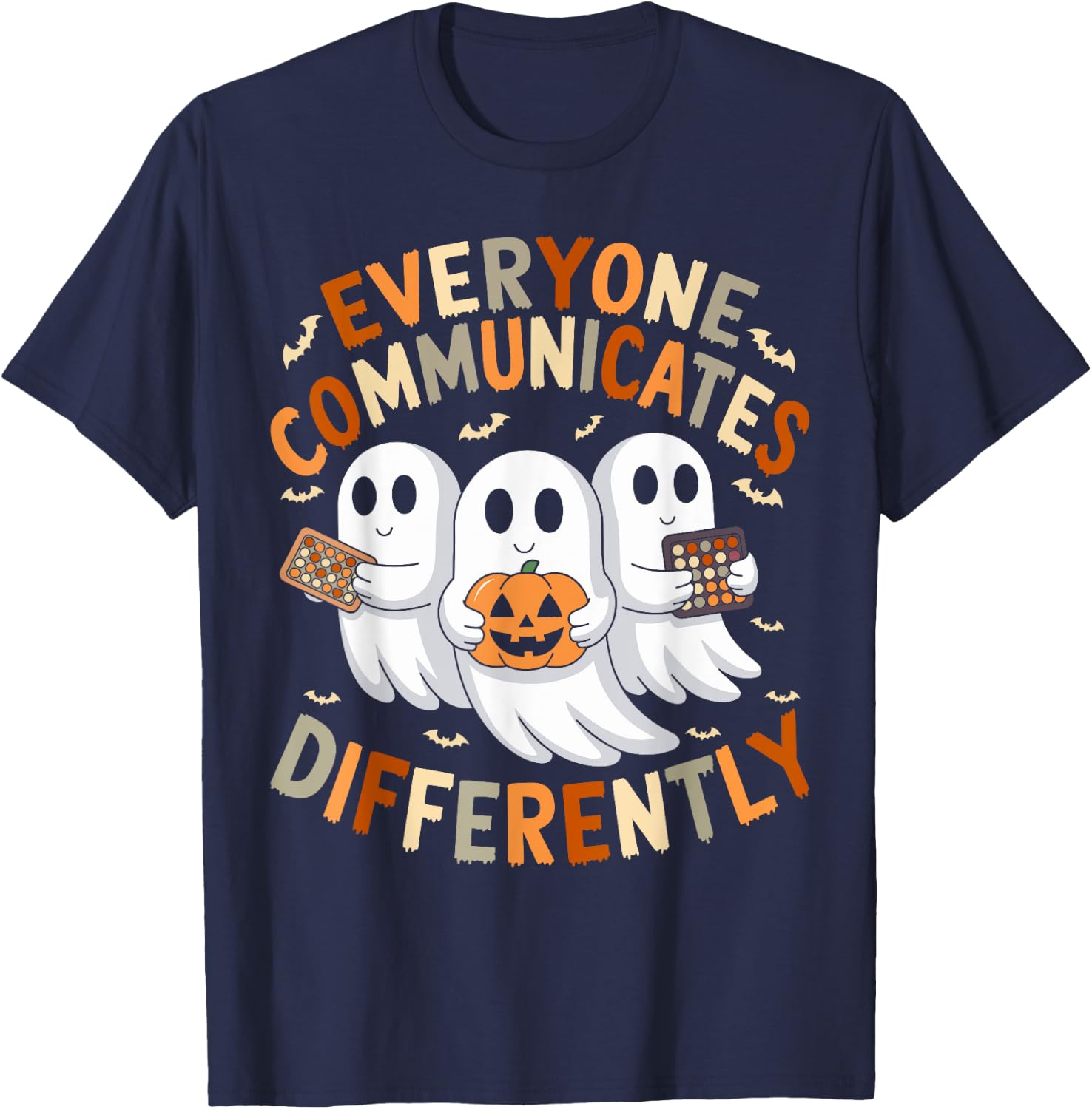 Everyone Communicates Differently Halloween Autism Teacher T-Shirt - T-Shirt | Navy