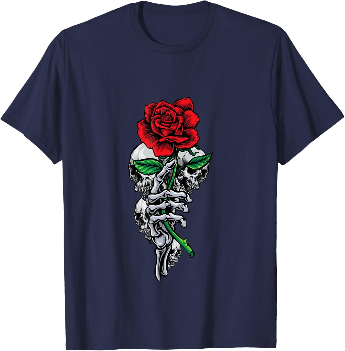 Skeleton Hand Red And Beautiful Rose Flower And Skulls Art T-Shirt - T-Shirt | Navy