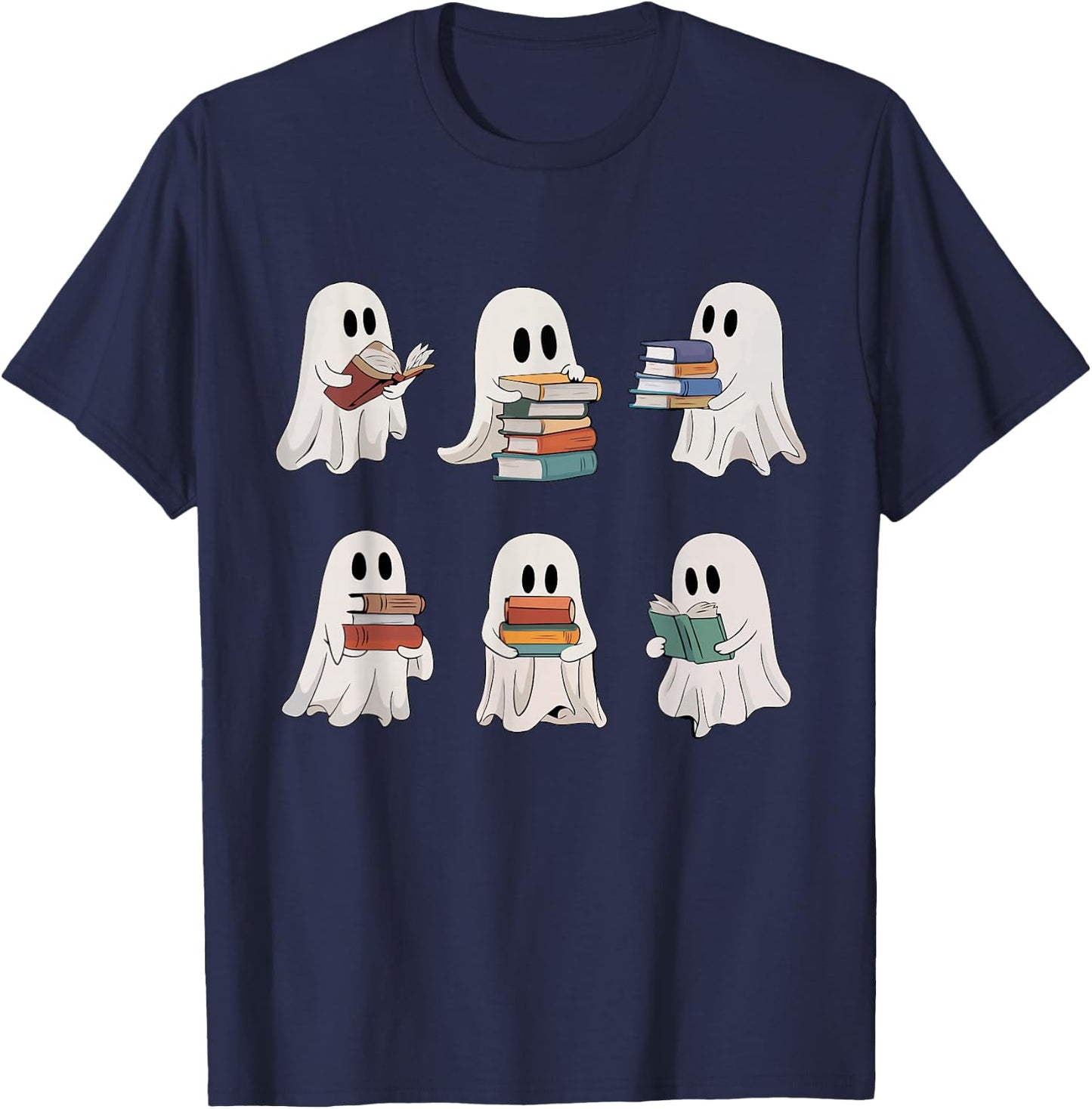 Ghost Reading Books Teacher Halloween Librarian Cute Boook T-Shirt - T-Shirt | Navy