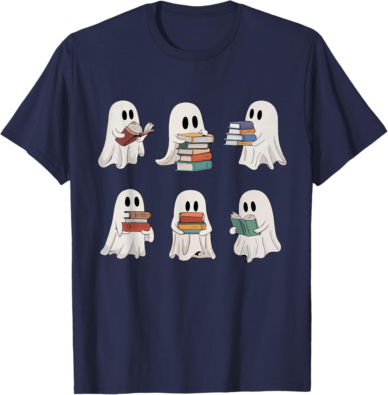 Ghost Reading Books Teacher Halloween Librarian Cute Boook T-Shirt - T-Shirt | Navy