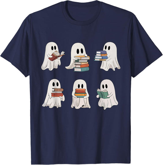 Ghost Reading Books Teacher Halloween Librarian Cute Boook T-Shirt - T-Shirt | Navy