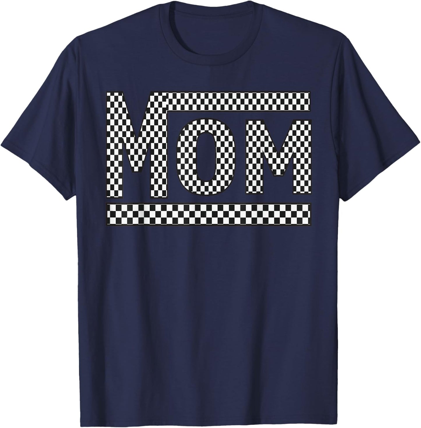 MOM Checkered Mother Mama Women Racing Pit Crew Funny T-Shirt - T-Shirt | Navy