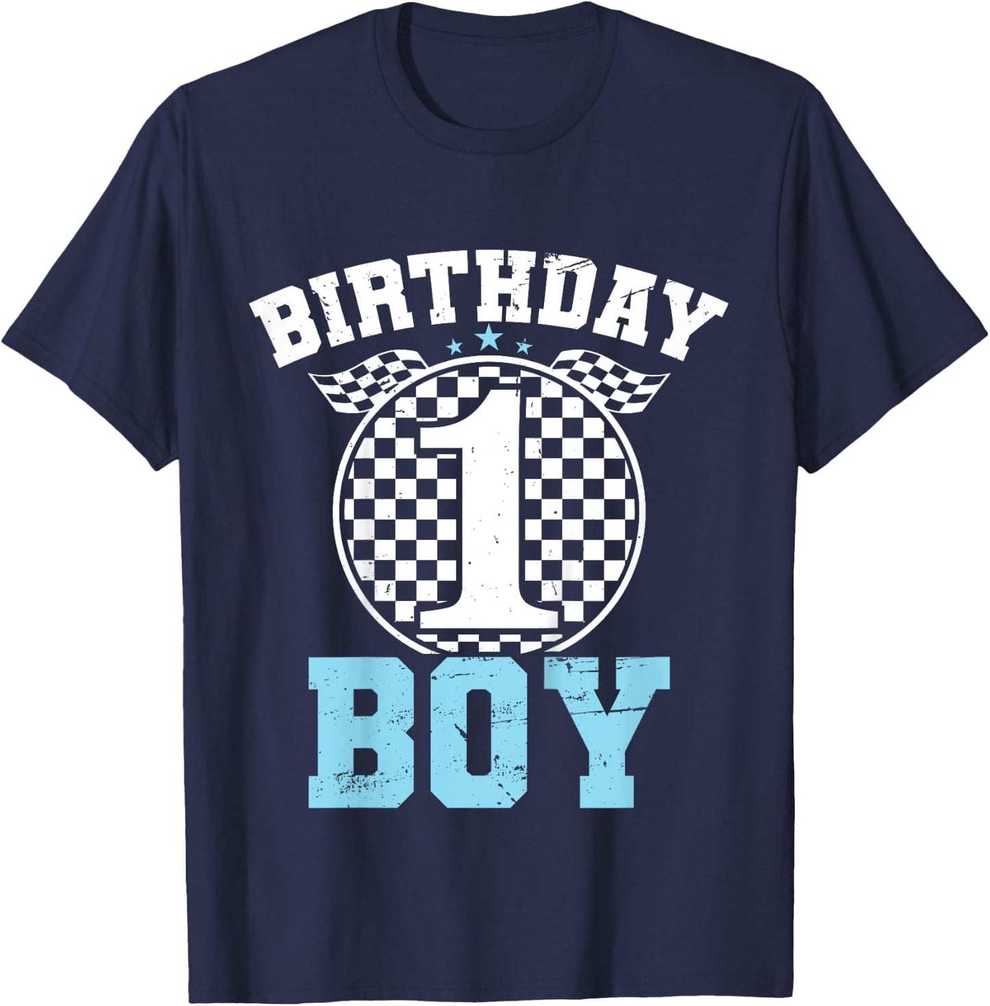 Kids 1st Birthday Boy 1 One Race Car 1st Birthday Racing Car Flag T-Shirt - T-Shirt | Navy