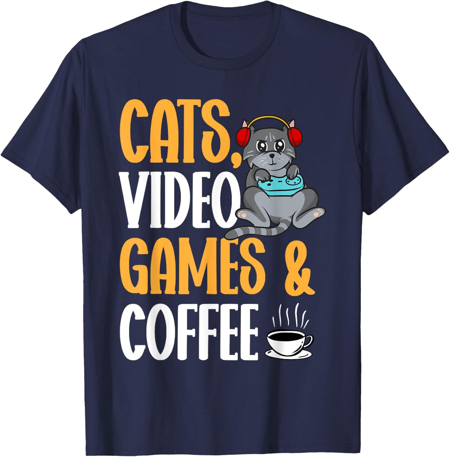 Cats Video Games Coffee Video Gamer Cat Gaming Women T-Shirt - T-Shirt | Navy