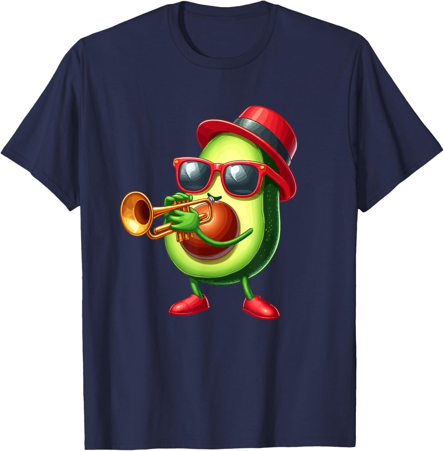 Avocado Sunglasses Playing Trumpet Funny Fruit Instrument T-Shirt - T-Shirt | Navy