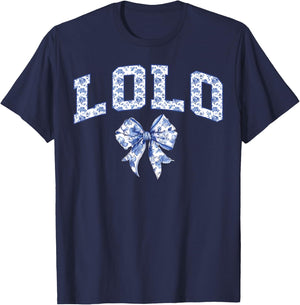Lolo Coquette Toile Blue Bow Floral Family Matching T-Shirt - T-Shirt | Navy
