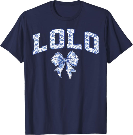Lolo Coquette Toile Blue Bow Floral Family Matching T-Shirt - T-Shirt | Navy