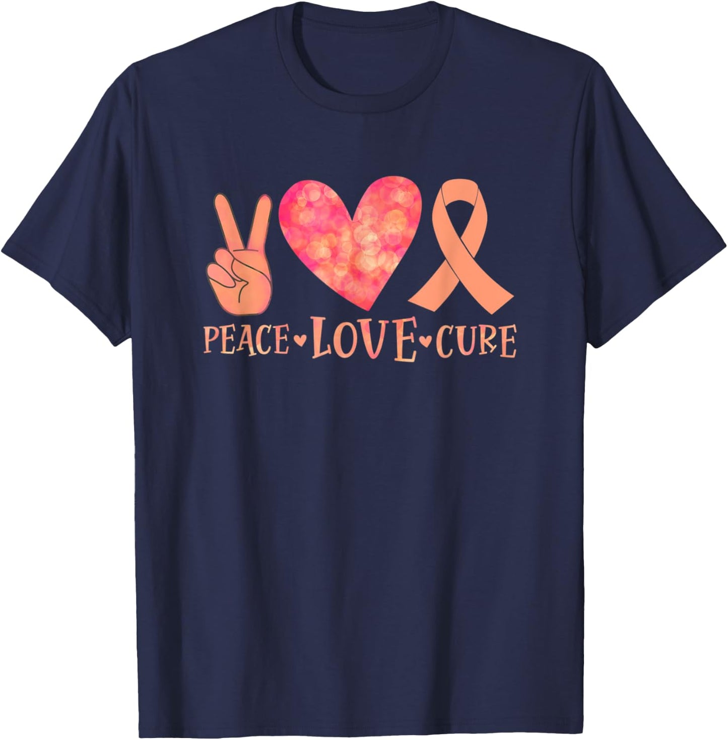 September Uterine Cancer Awareness Peace Love Cure Peach T-Shirt - T-Shirt | Navy