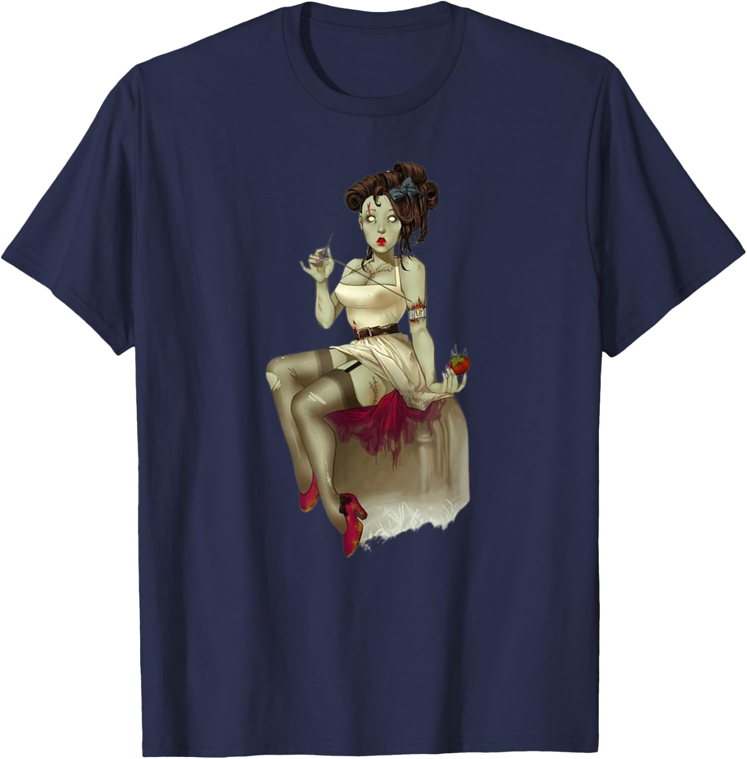 Zombie Pin Up Girl Halloween Graphic T-Shirt - T-Shirt | Navy