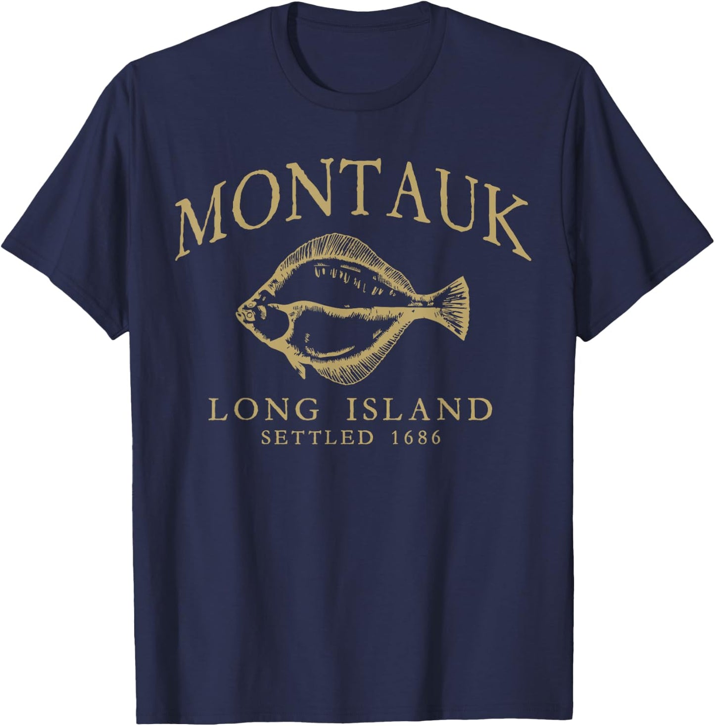 Montauk Long Island Settled 1686 Fluke Flounder Fishing Tan T-Shirt - T-Shirt | Navy