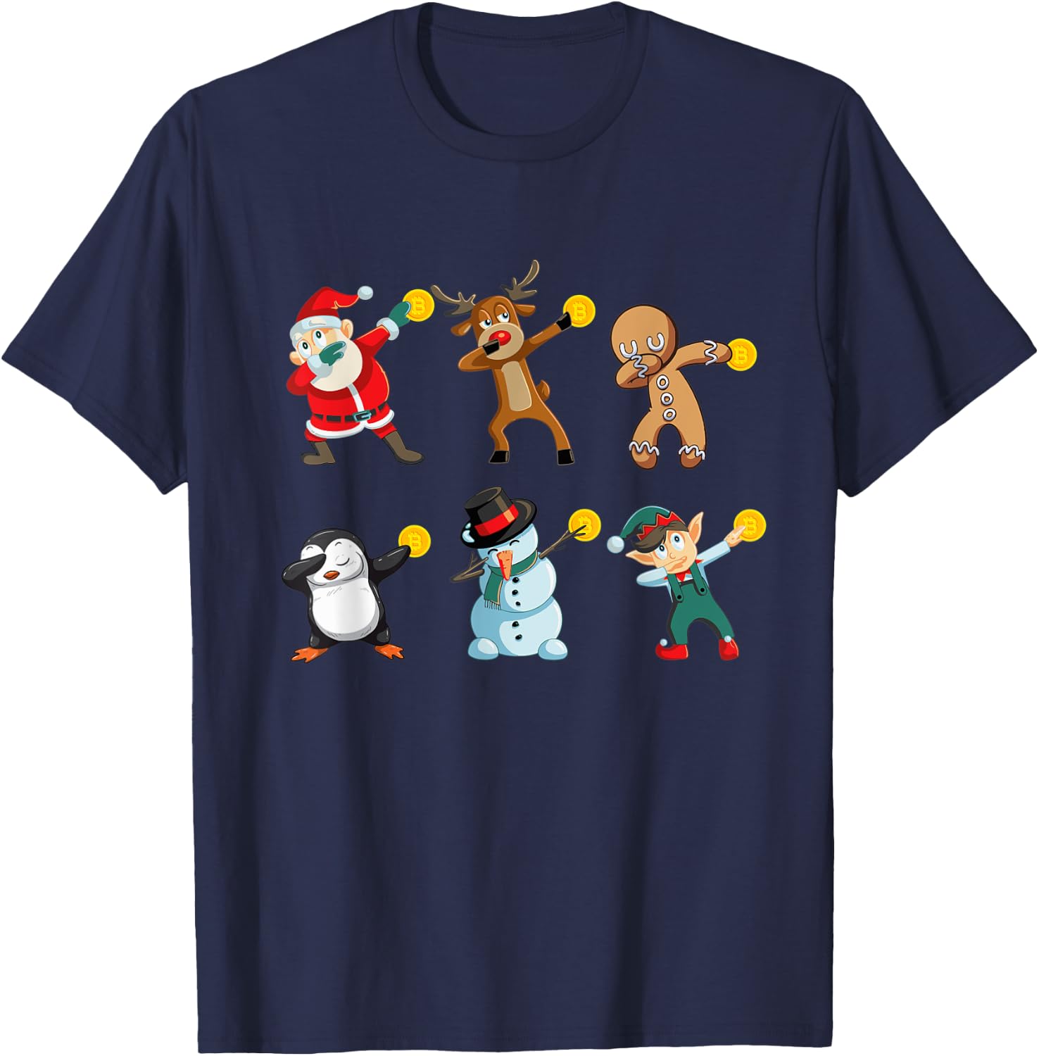 Santa Elf Snowman Reindeer Dabbing Holding Bitcoin T-Shirt - T-Shirt | Navy