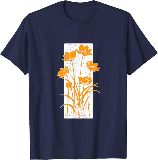 Orange Distressed Flower Stripe Orange Graphic T-Shirt - T-Shirt | Navy