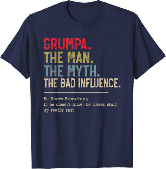 Grumpa The Man The Myth The Bad Influence Funny Grandpa T-Shirt - T-Shirt | Navy