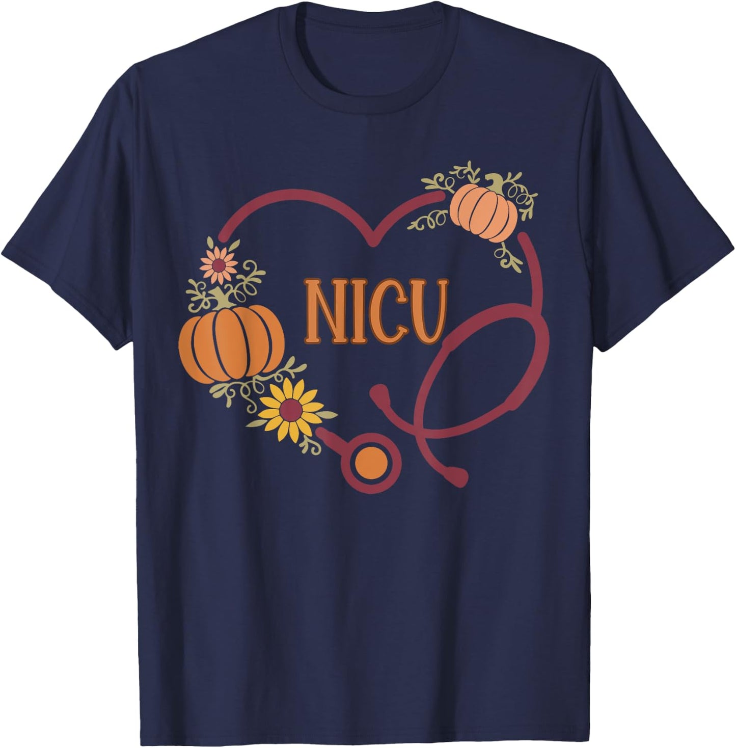 Retro NICU Nurse Stethoscope Heart Pumpkin Fall Thanksgiving T-Shirt - T-Shirt | Navy