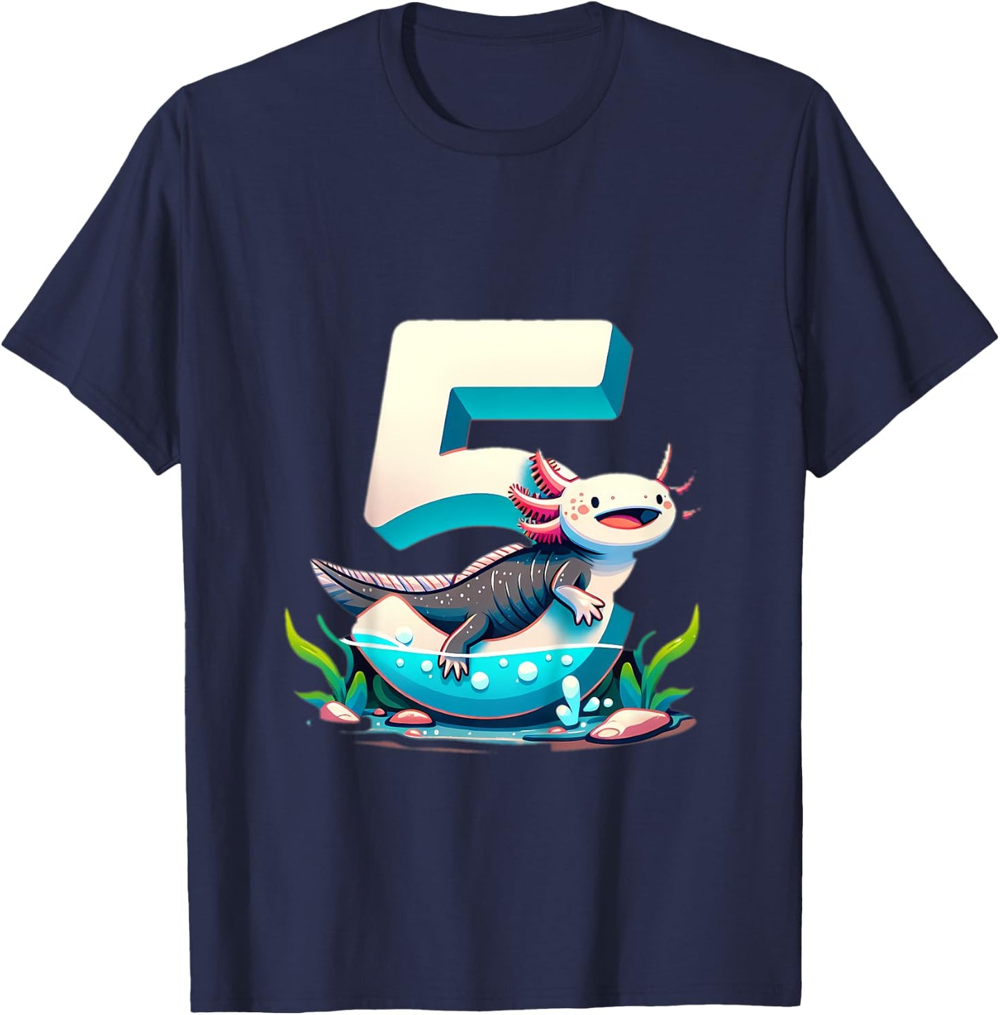 Turning 5 Years Old Axolotl Birthday Party 5th Boy Bday Girl T-Shirt - T-Shirt | Navy