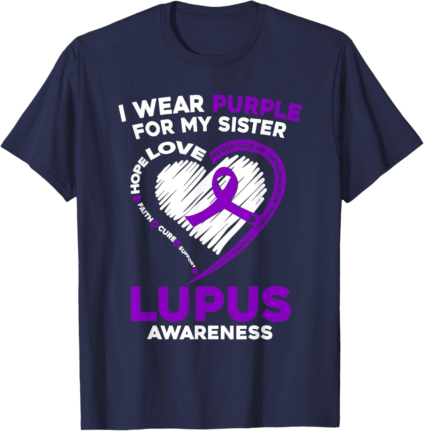 Lupus Awareness I Wear Purple For My Sister Purple Ribbon T-Shirt - T-Shirt | Navy