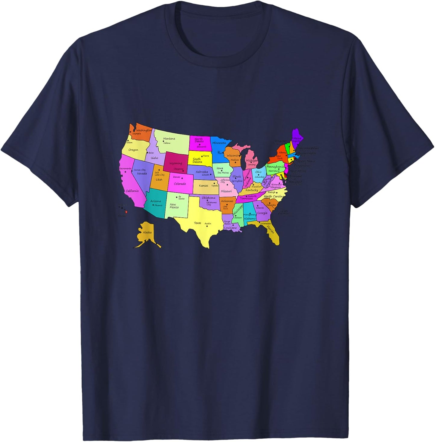 States & Capitals Colorful USA Map School Geography T-Shirt - T-Shirt | Navy