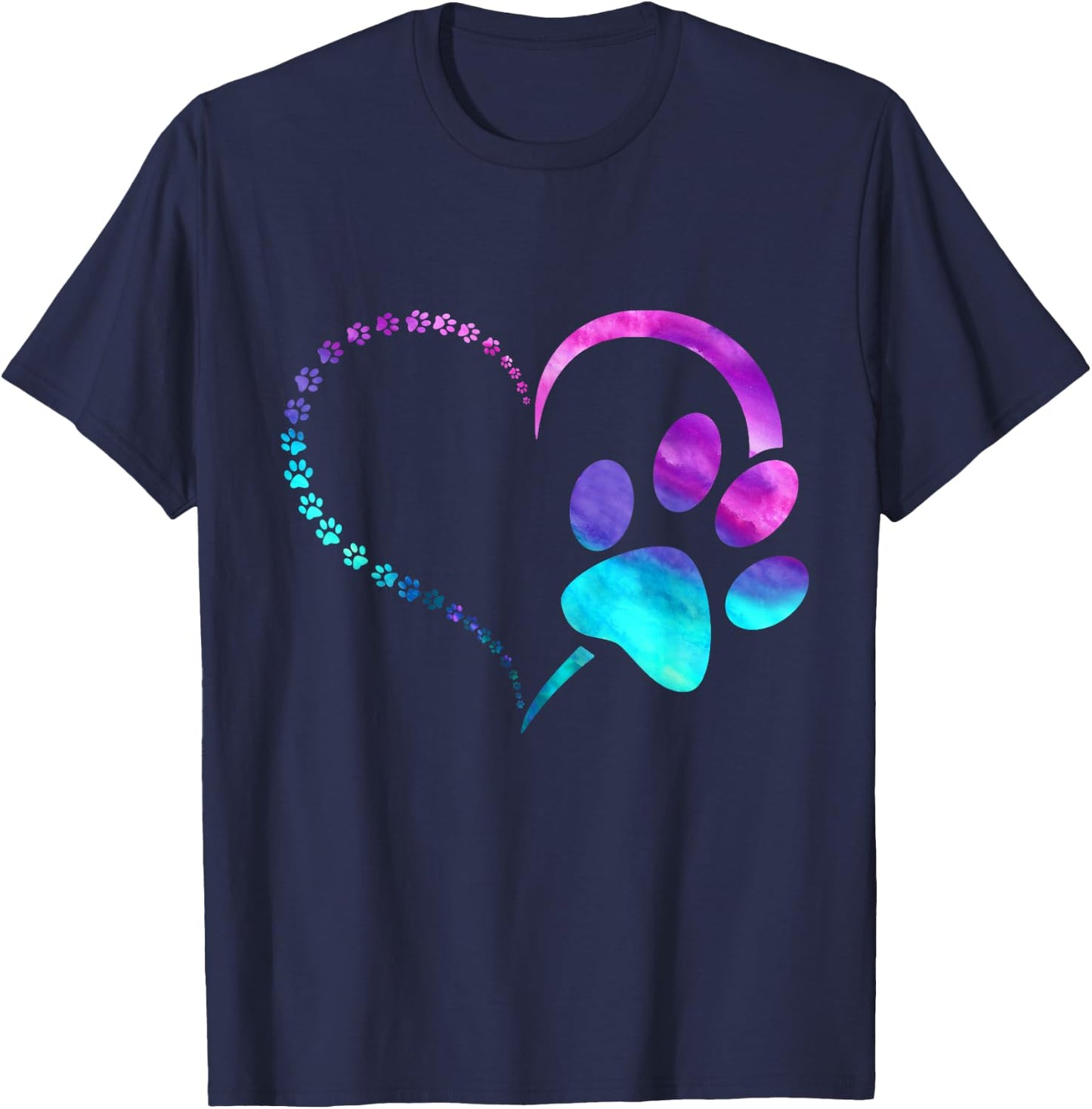 Blue Purple Teal Dog paw print paws heart design dog lovers T-Shirt - T-Shirt | Navy