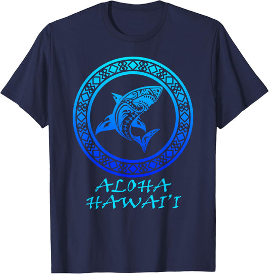 Aloha Hawai'i Vintage Hawaiian Island Tribal Shark T-Shirt - T-Shirt | Navy