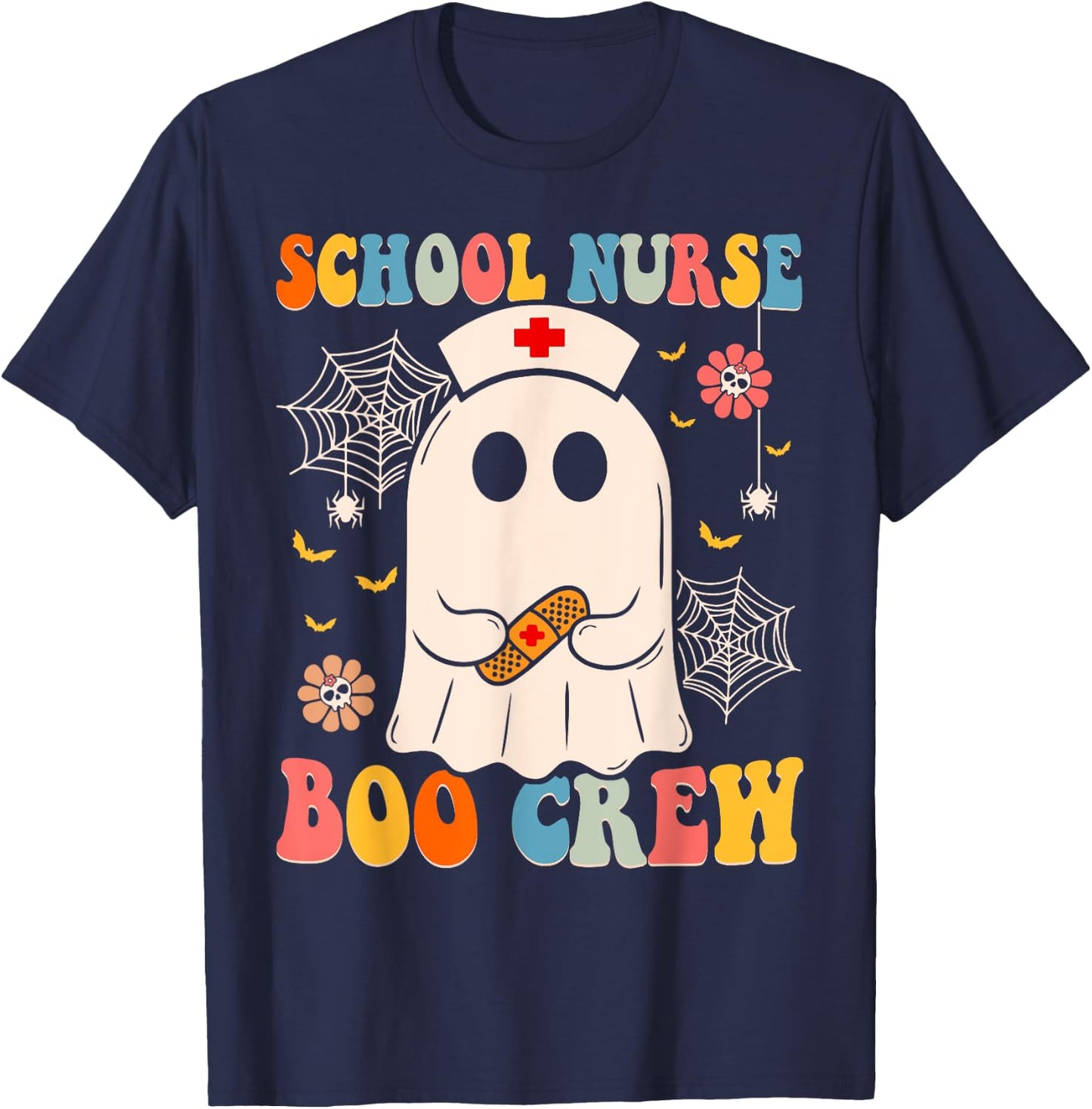 Groovy School Nurse Boo Crew Nurse Funny Ghost Halloween T-Shirt - T-Shirt | Navy