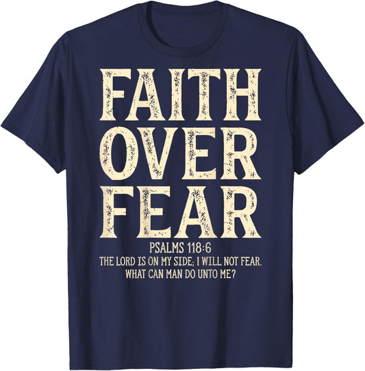 Vintage Retro by 4Do Limited Adult - Black - Small - Short Sleeve - Letter Print - Religion - Vintage - Multi-age, Multi-gender - Faith Over Fear Christian On Back T-Shirt - T-Shirt | Navy
