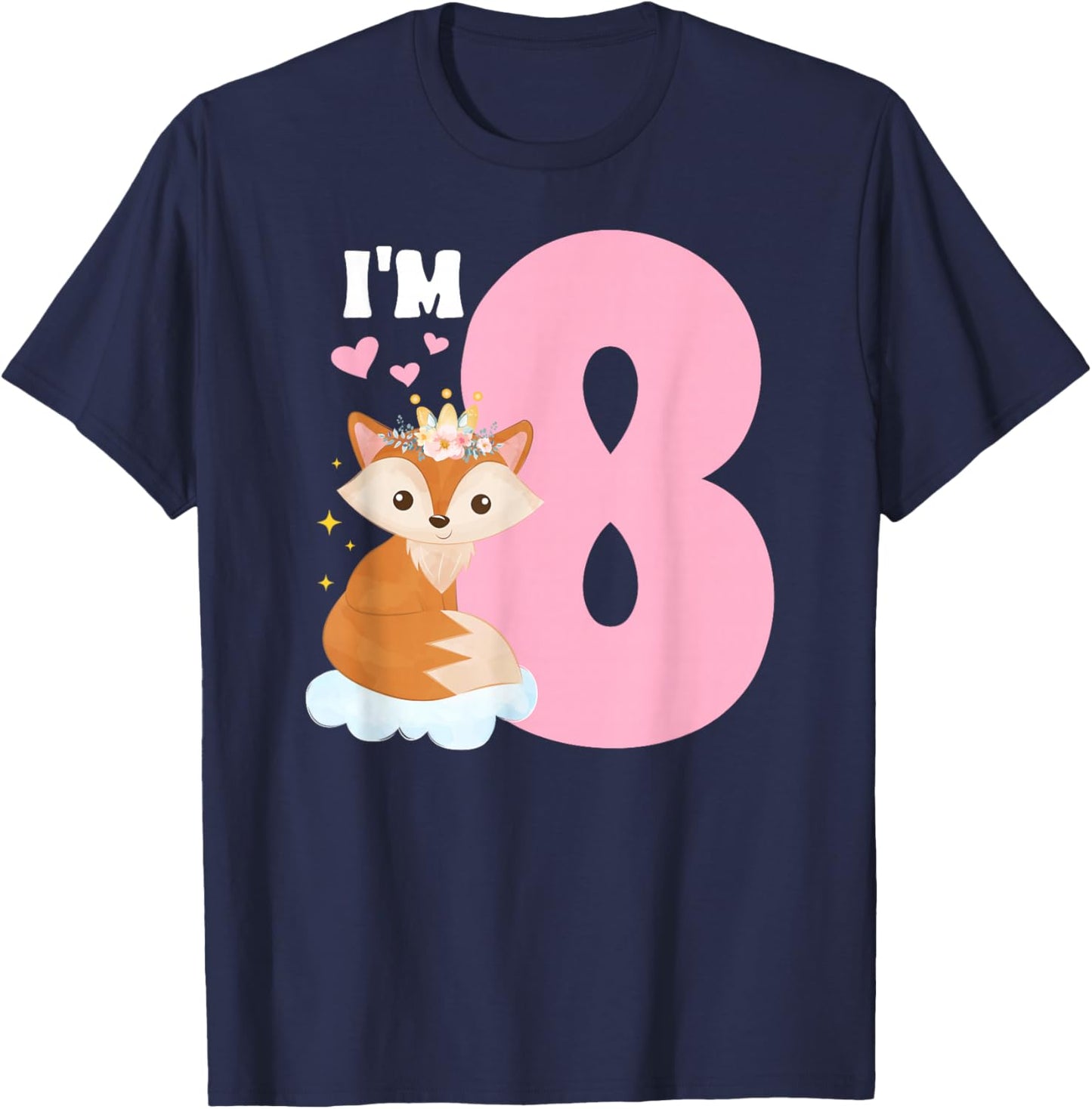 8th Fox Birthday Party 8 Year Old Girl Foxes Birthday Fox T-Shirt - T-Shirt | Navy