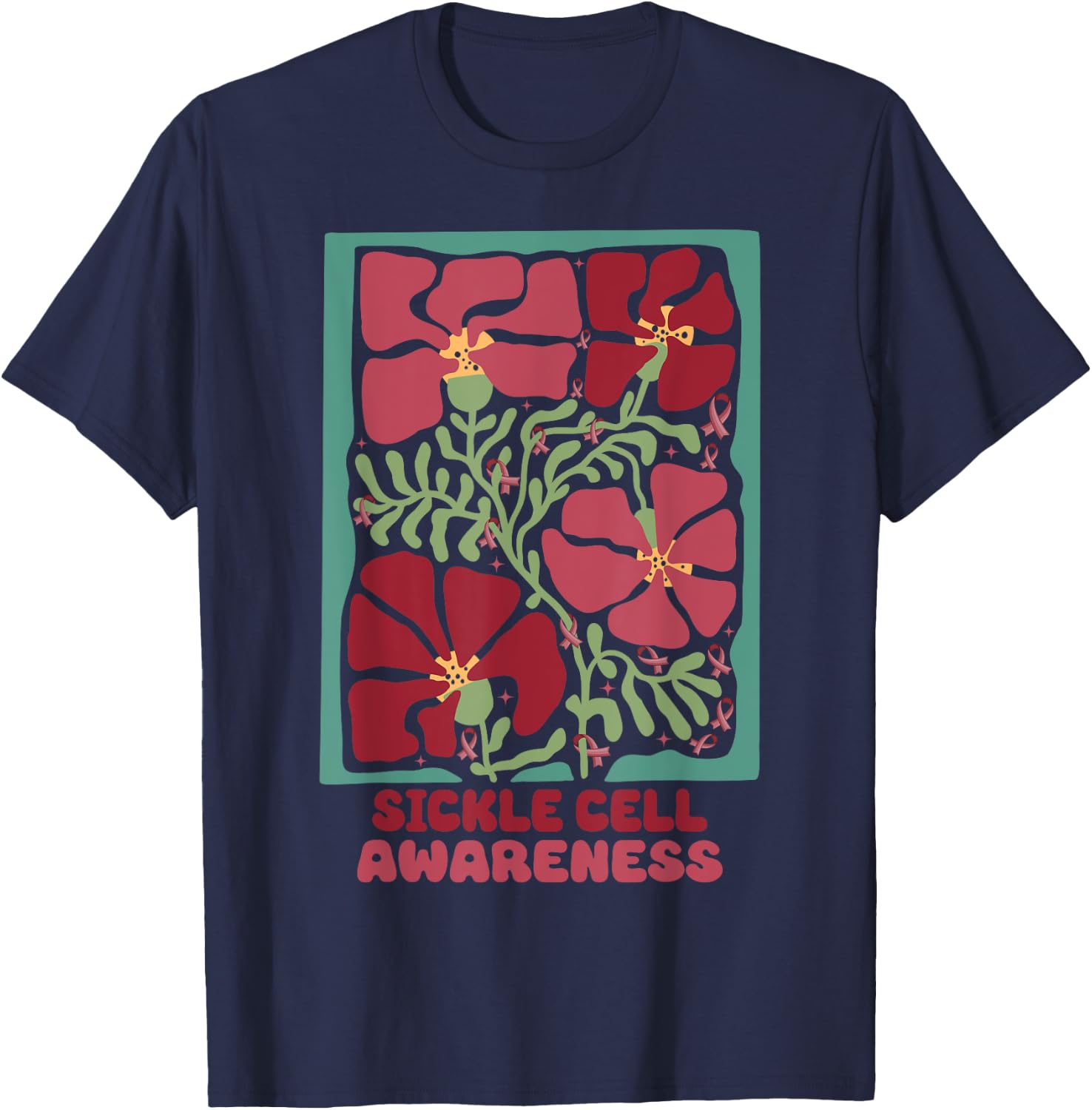 Sickle Cell Burgundy Flower Market Art Sickle Cell Awareness T-Shirt - T-Shirt | Navy