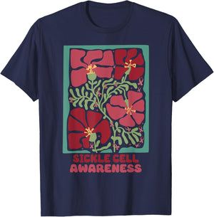 Sickle Cell Burgundy Flower Market Art Sickle Cell Awareness T-Shirt - T-Shirt | Navy