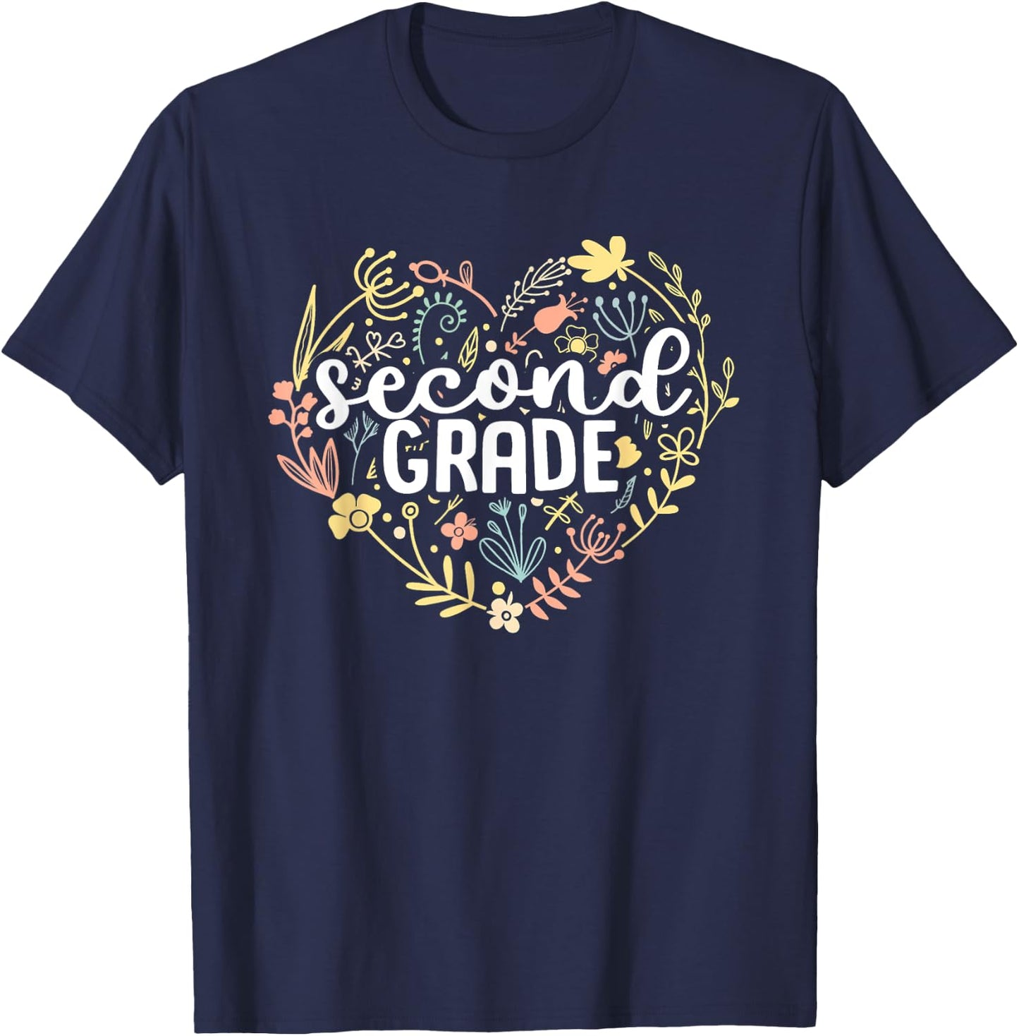 2nd Second Grade Floral Heart Back To School Teacher Girls T-Shirt - T-Shirt | Navy