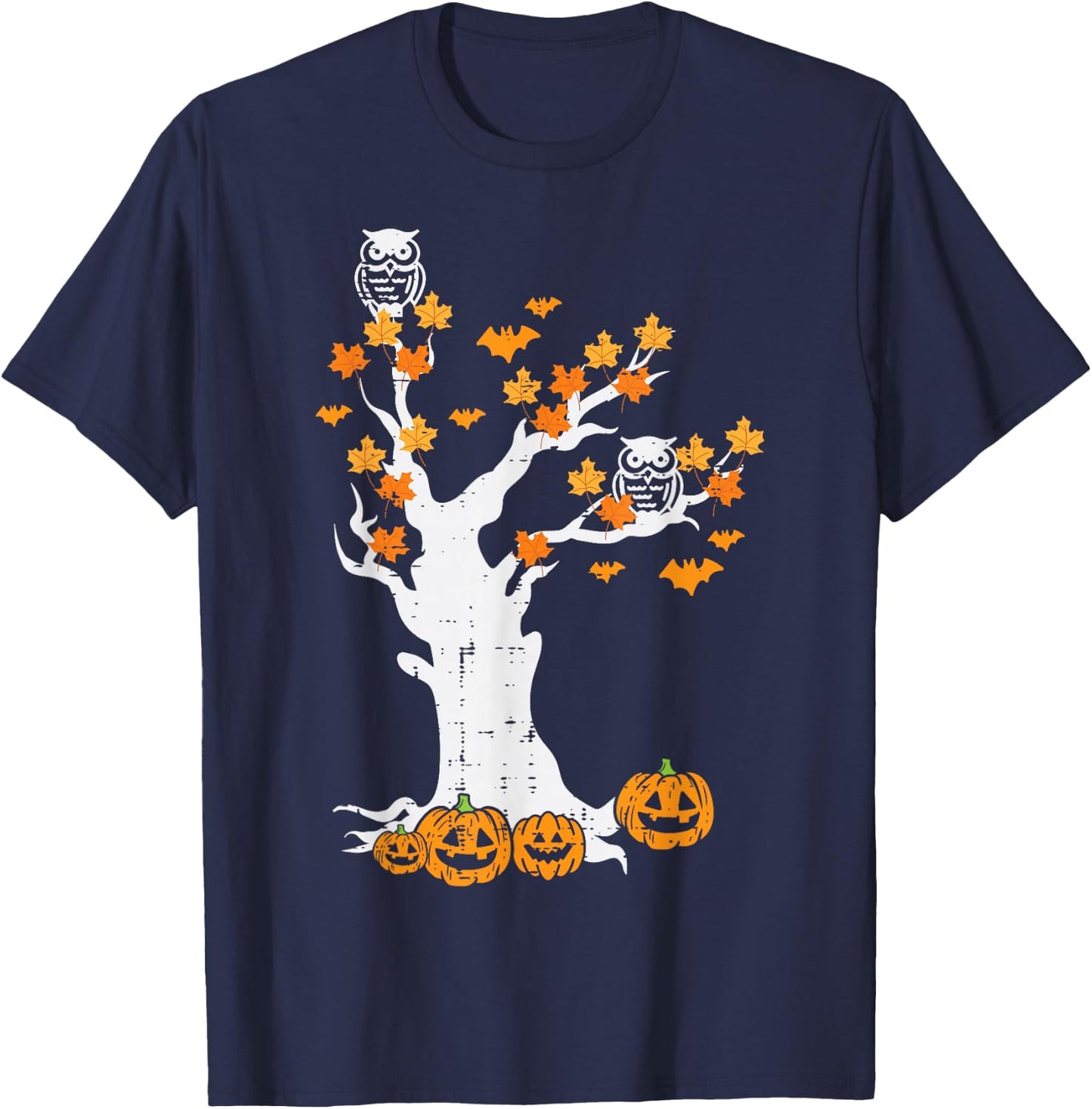 Halloween Tree Owl Leaves Pumpkin Fall Costume Women Kid Men T-Shirt - T-Shirt | Navy