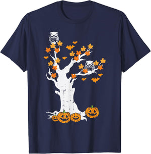 Halloween Tree Owl Leaves Pumpkin Fall Costume Women Kid Men T-Shirt - T-Shirt | Navy