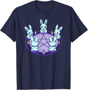 Bunnies Alternative Alt Summoning Demons Circle Bunny Rabbit Blue Pentacle Pentagram Pastel Goth Dark Humor , Small T-Shirt - T-Shirt | Navy