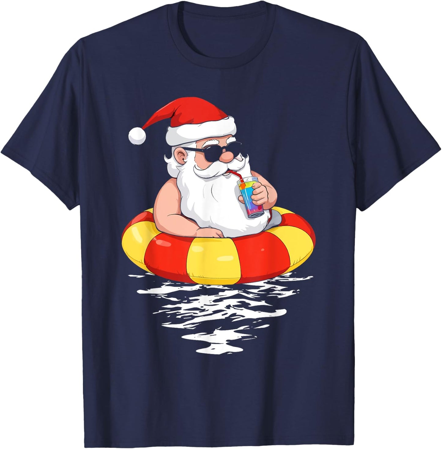 Summer Christmas in July Tropical Santa On Pool Summer Santa T-Shirt - T-Shirt | Navy