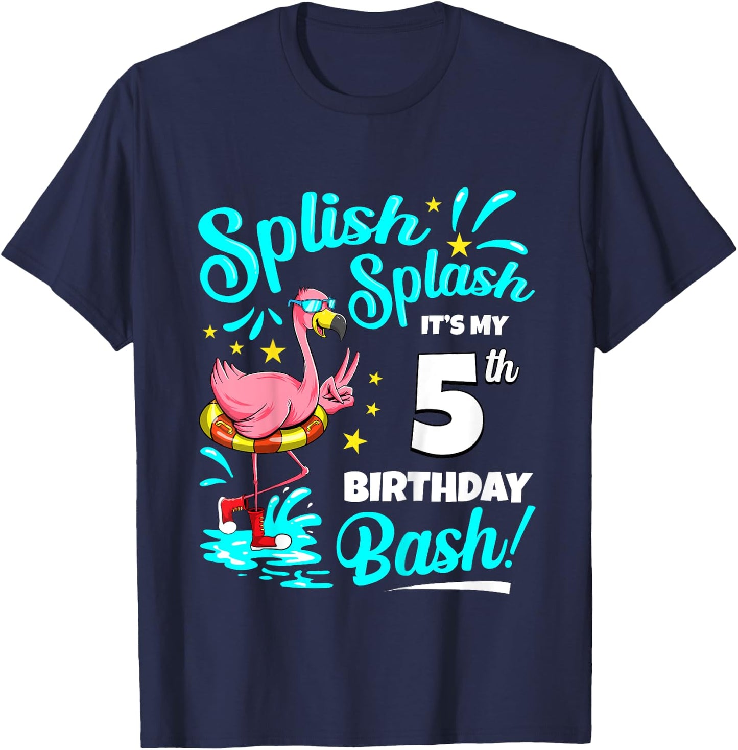 5th Birthday Flamingo 5 Years Old Pool Party Summer T-Shirt - T-Shirt | Navy