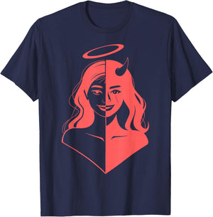 Girl Half Devil Face Half Angel Face Light Red T-Shirt - T-Shirt | Navy