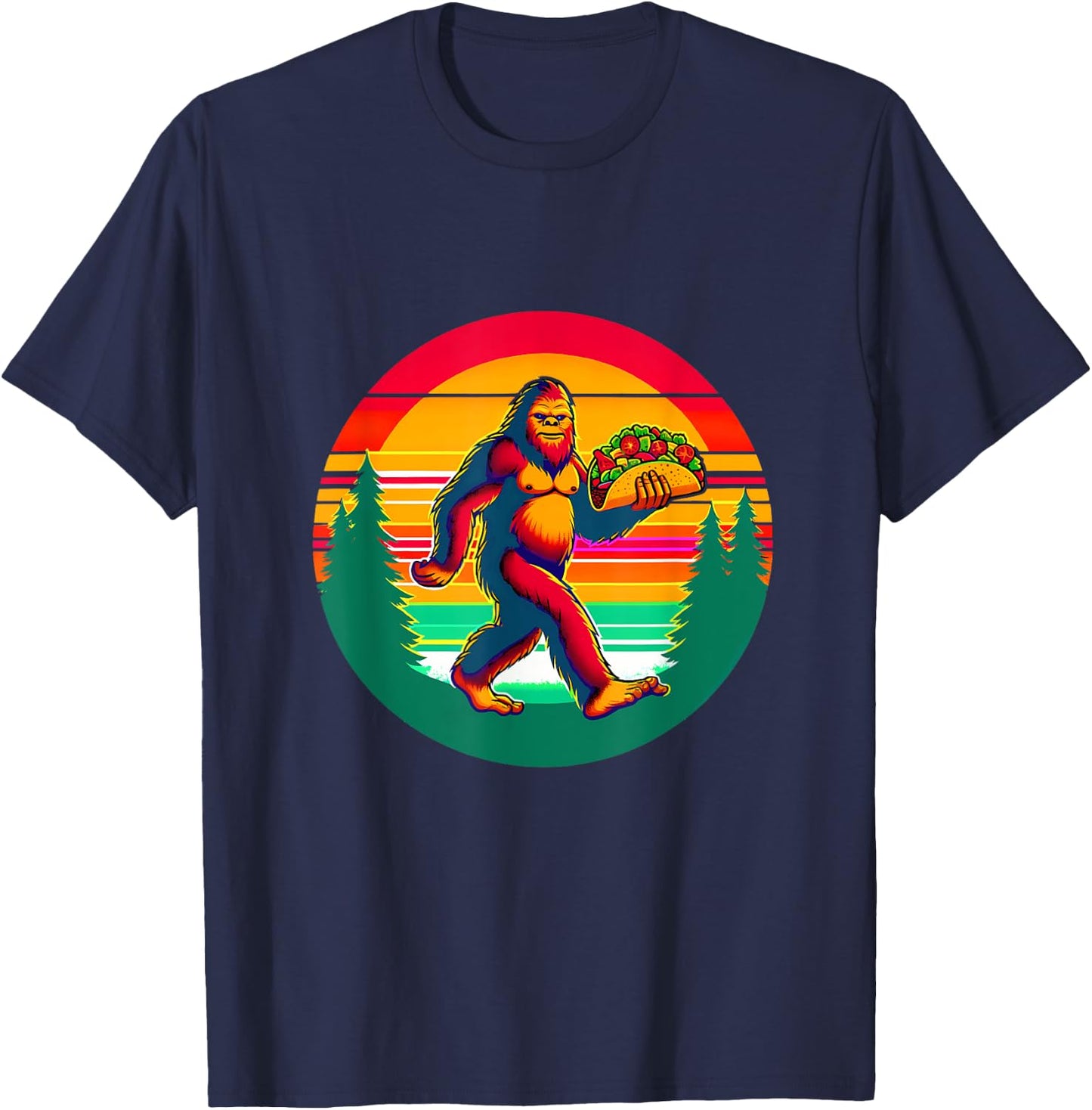 Funny Vintage Big Foot aka Sasquatch Holding a Taco T-Shirt - T-Shirt | Navy