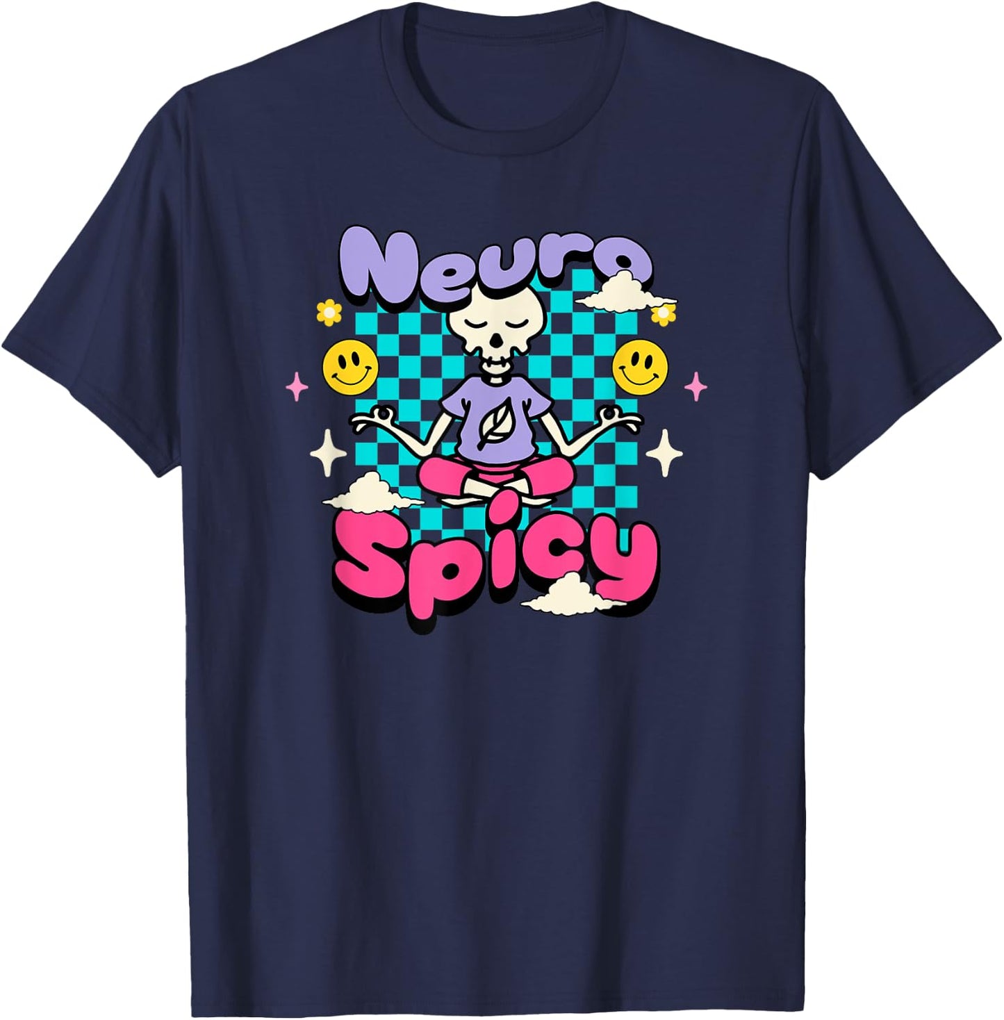 Neuro Spicy ADHD Autism Awareness Retro Groovy Skeleton T-Shirt - T-Shirt | Navy