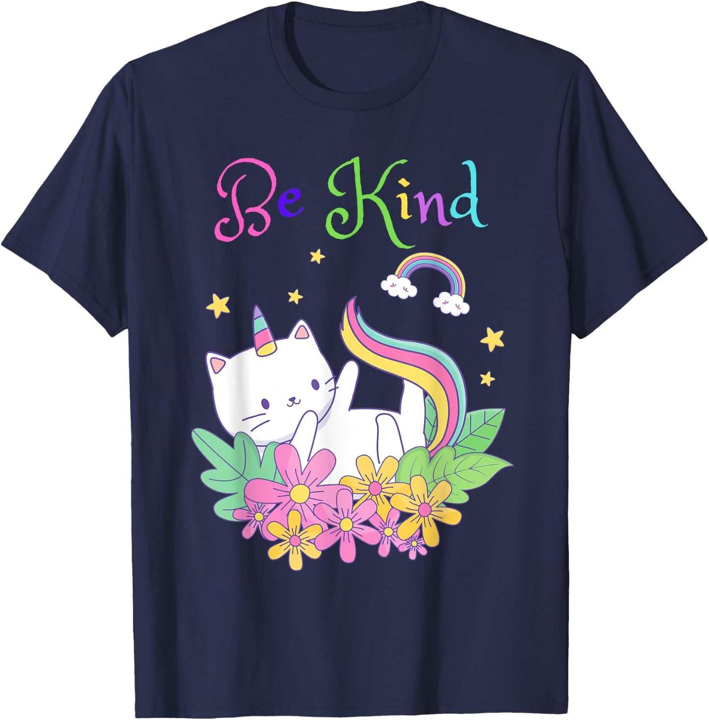 Cat Unicorn Be Kind Shirt Caticorn Be Kind Gift Teacher T-Shirt - T-Shirt | Navy