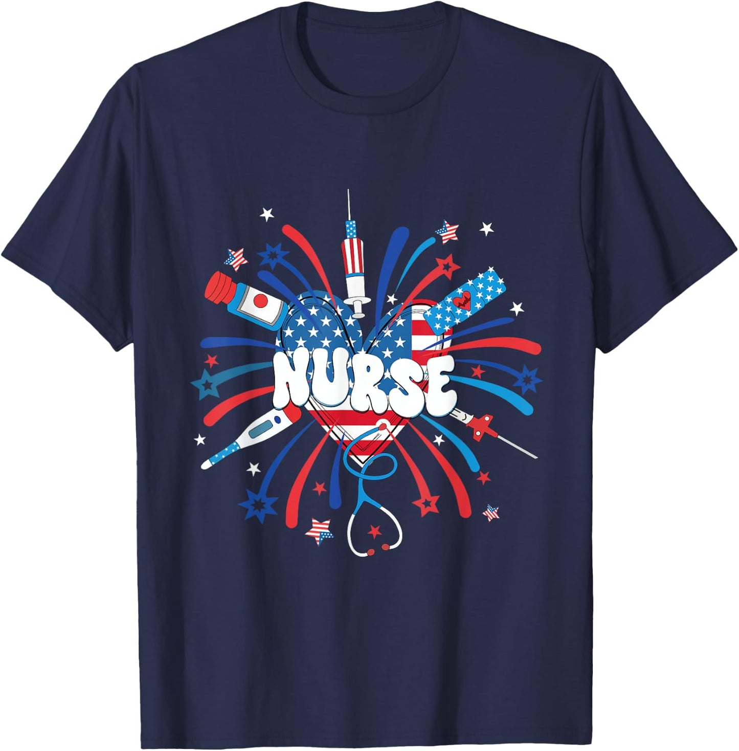 Firework 4th of July Nurse Independence Day Girly Nurse Icu T-Shirt - T-Shirt | Navy