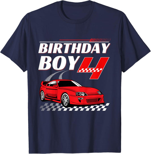 Kids Birthday Boy 4 years Race Car 4th Birthday Racing Car T-Shirt - T-Shirt | Navy
