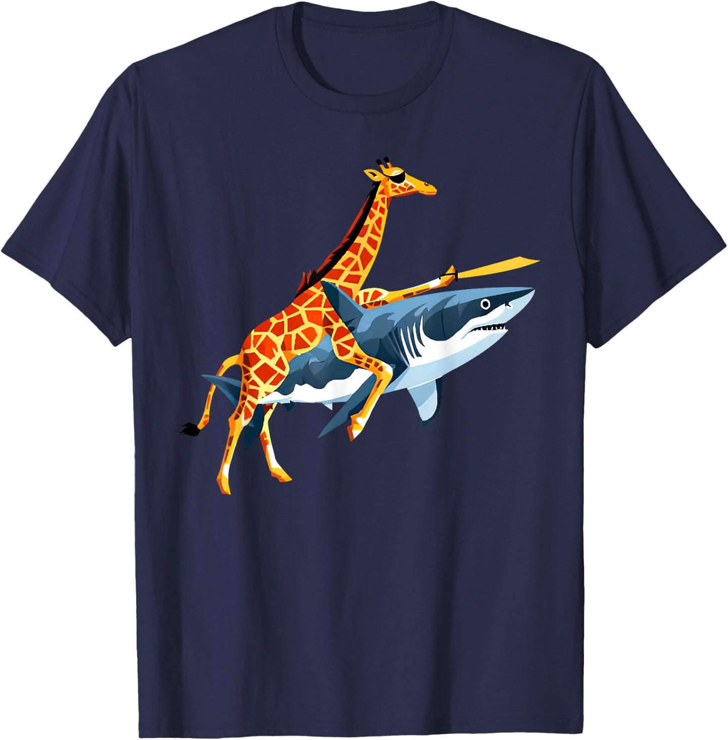 Retro Giraffe Riding Shark Funny Animal Lover Graphic T-Shirt - T-Shirt | Navy